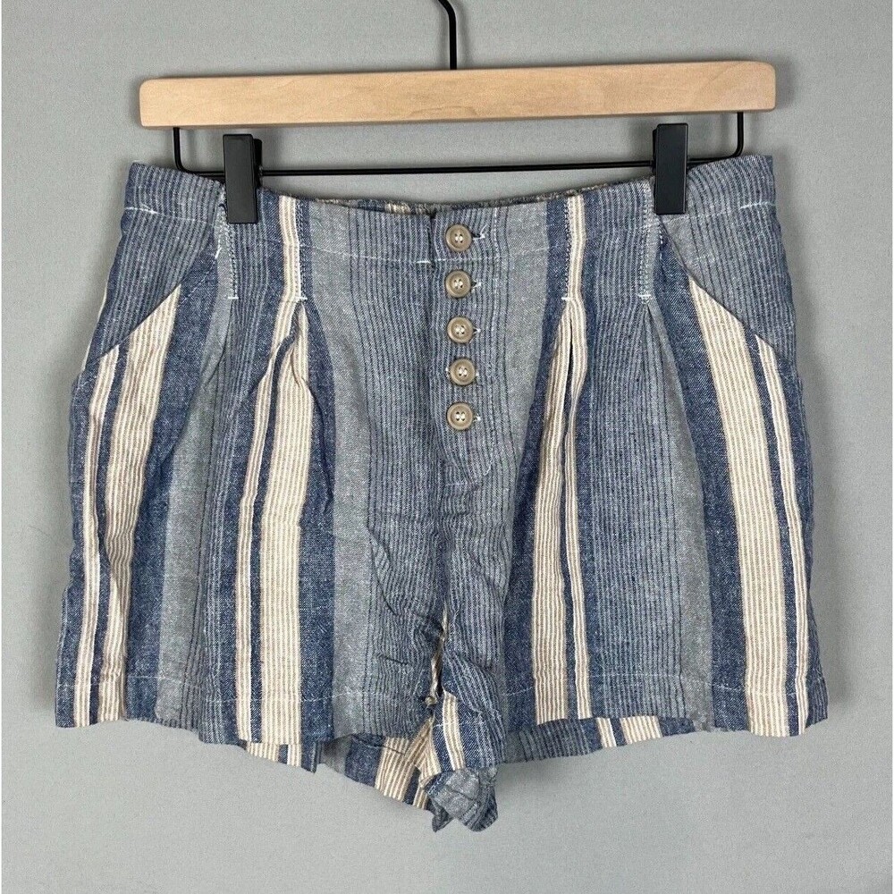 Indigo Rein Shorts Womens M Linen Blend Blue Striped Coastal Boho Cruise Beach